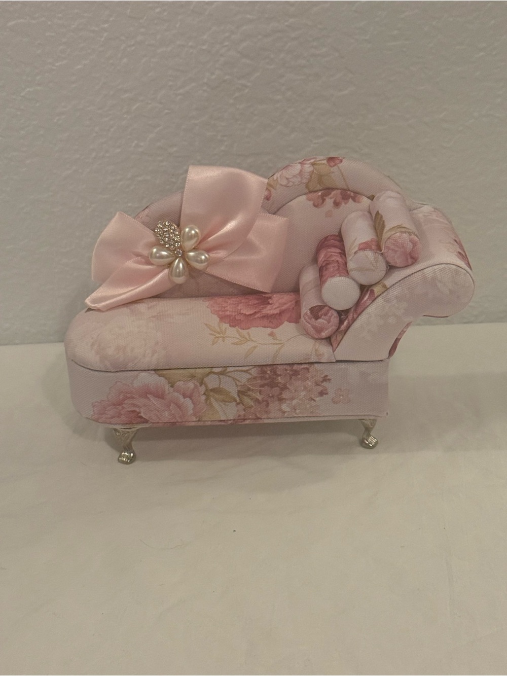 Pink Floral Mini Chaise Lounge Jewelry Box Organizer w/ Mirror & Ring Holder